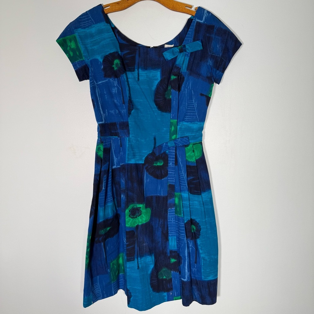 Vintage Dress, Abstract Floral with Bows A line Rockabilly Artsy S